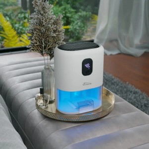 TroniTechnik Luftentfeuchter EF02 mit LED-Beleuchtung und 1L Tank auf goldenem Tablett.