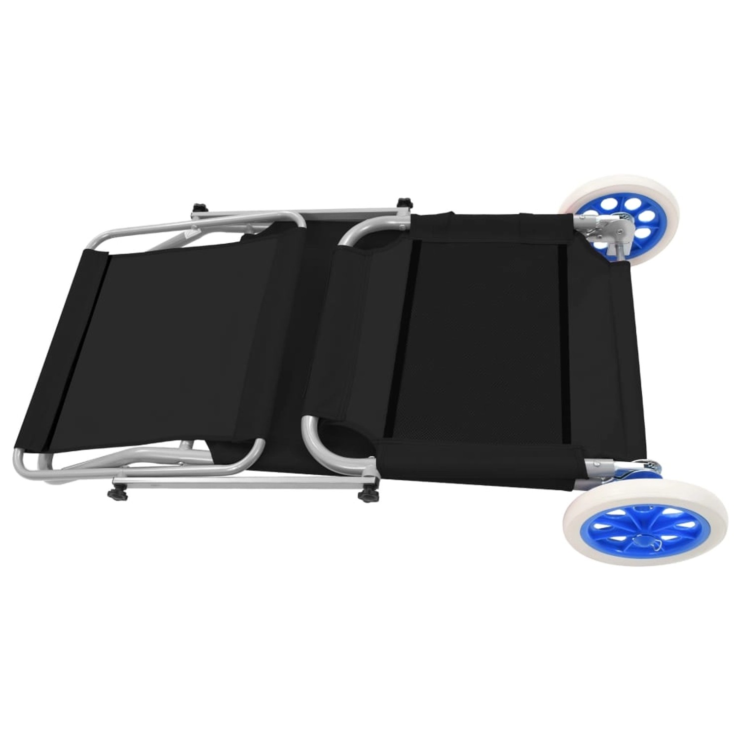 Zusammengeklappte, schwarze vidaXL Sonnenliege mit Rädern und Stahlgestell.