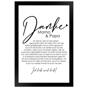 Gerahmtes Poster "Danke Mama und Papa" (20x30 cm) als Geschenkidee. Spruchposter im Bilderrahmen.