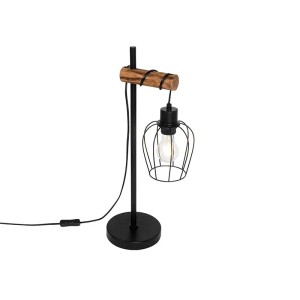 Rustikale Tischlampe Stronk: Schwarz-braune Innenleuchte mit Holzdetails und schwarzem Metallkäfig.