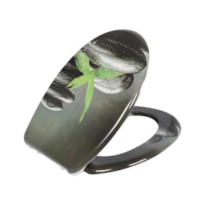 Sinobath Duroplast WC-Sitz mit Absenkautomatik. Dunkles Zen-Stein-Bambus-Motiv, glänzend, robust und pflegeleicht.