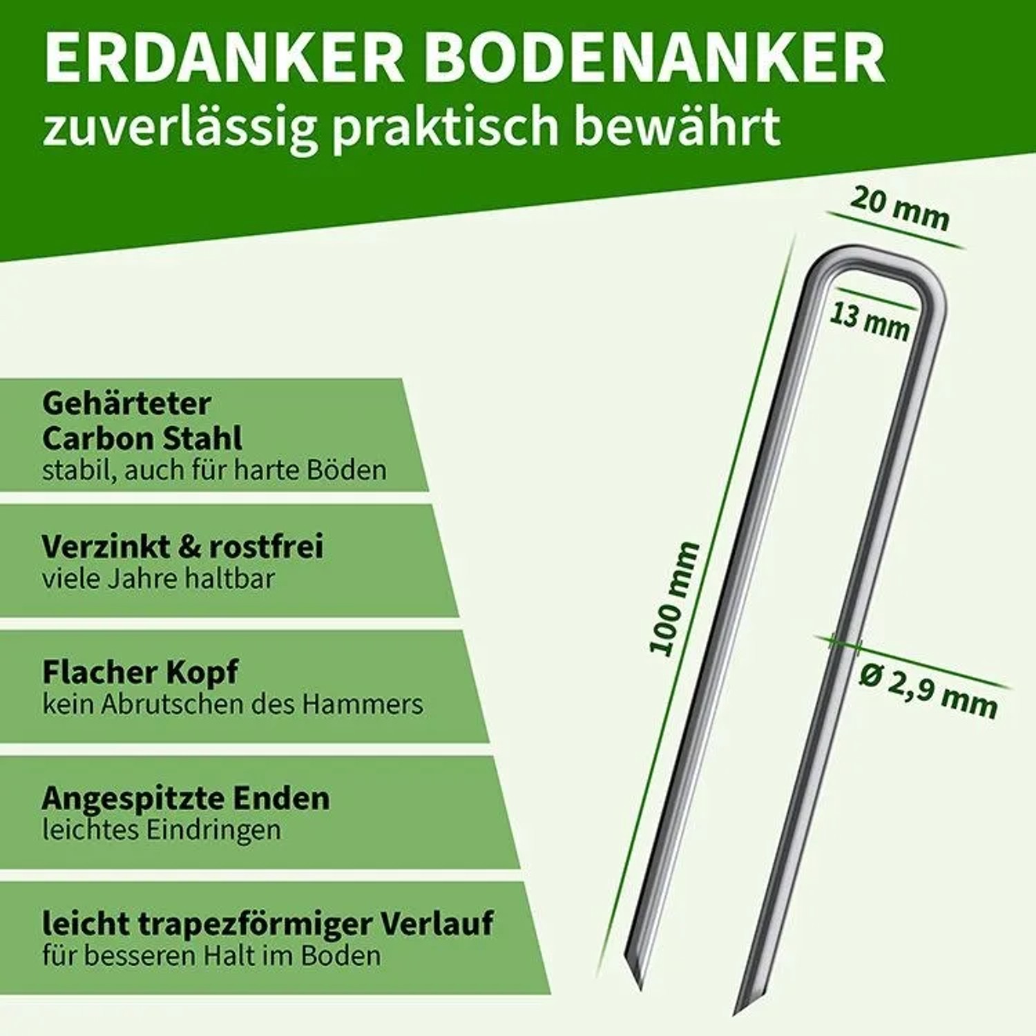 Detail eines 100mm Erdankers aus gehärtetem Carbon Stahl, verzinkt, rostfrei, für Unkrautvlies.