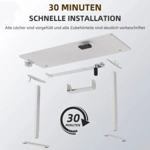 Explosionszeichnung: HOMAVO höhenverstellbarer Schreibtisch 140x70cm, Einzelteile und Montagehinweis.