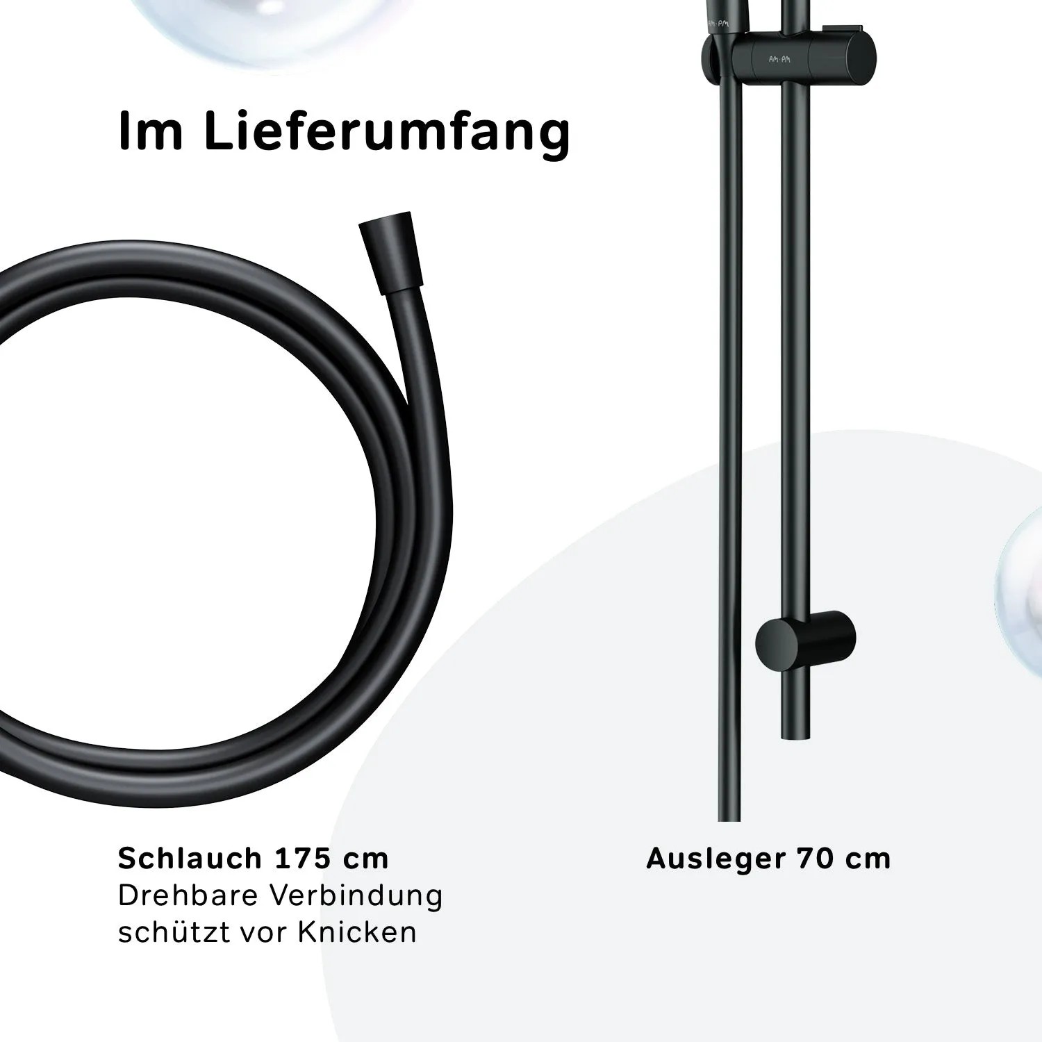 AM.PM X-Joy Duschset, Schwarz: Duschsäule, Brauseschlauch und Ausleger im Detail.