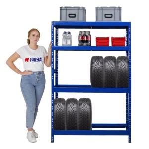 Blaues PROREGAL Reifenregal Tiger mit Reifen und Ablageboxen. Ideal zur Reifenlagerung in Garage oder Keller.