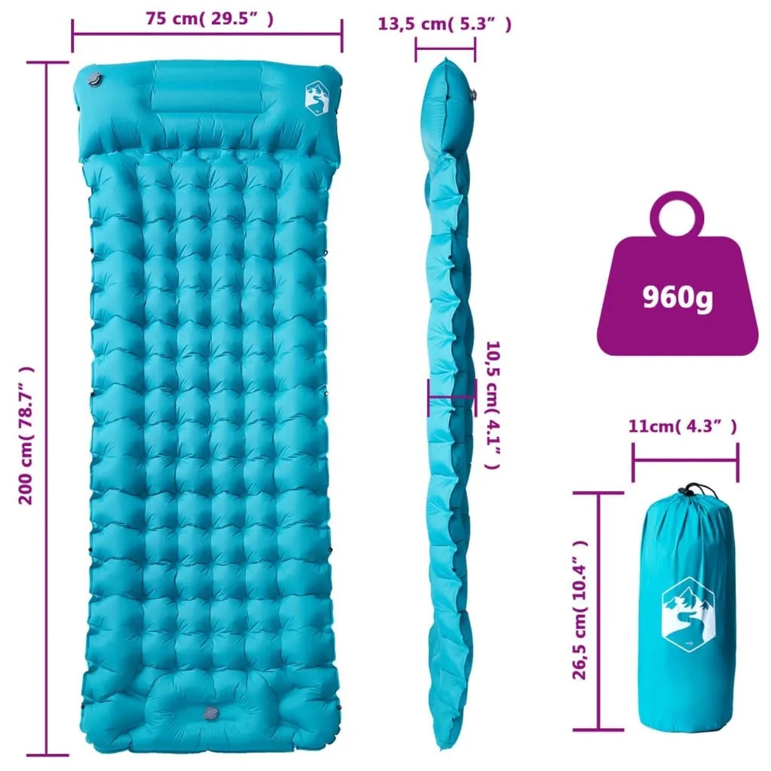 Blaue selbstaufblasende Isomatte mit Kissen für Camping. Aufgeblasen, gerollt in Tasche, Maße sichtbar.