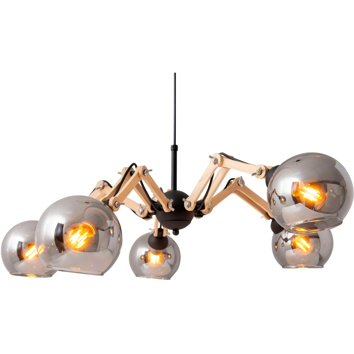 Schwarze 5-flammige Glas-Pendelleuchte Soito mit Holz-Elementen. Moderne Hängelampe für Wohnzimmer und Esszimmer.