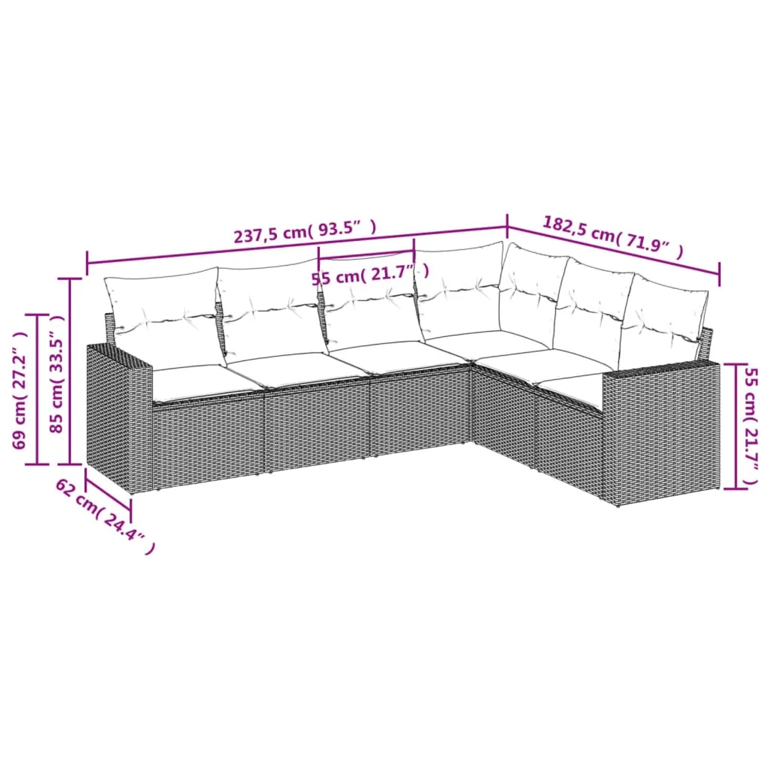 Braune vidaXL Garten-Sofagarnitur aus Rattan mit Kissen, Maße eingezeichnet.