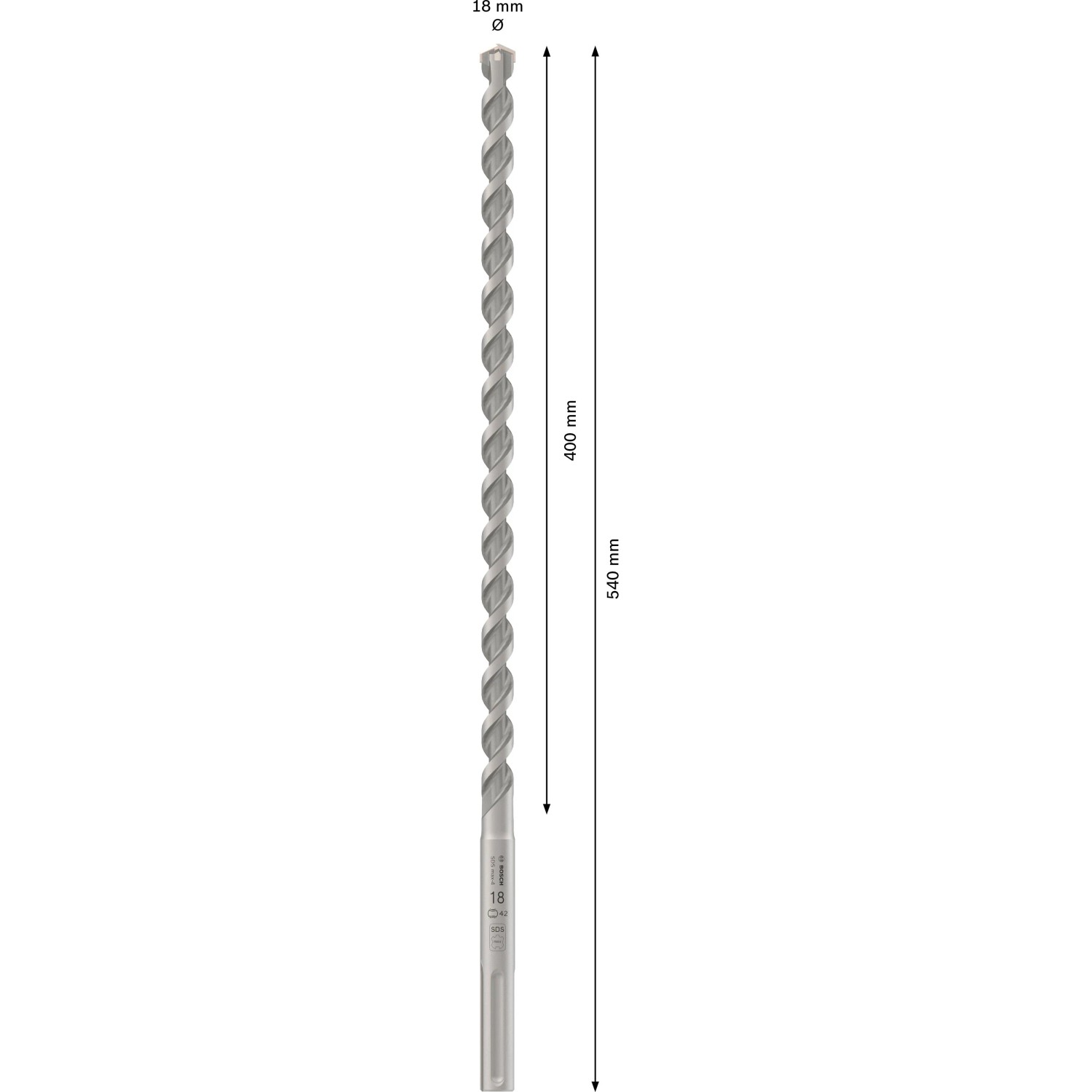Bosch Hammerbohrer SDS max-4, 18x400x540 mm, für Beton und Mauerwerk. Robuster Hartmetall-Bohrer mit 4-Schneidern.