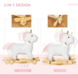 HOMCOM 2-in-1 Schaukelpferd Einhorn mit Rädern, weiß und rosa, für Kinder.