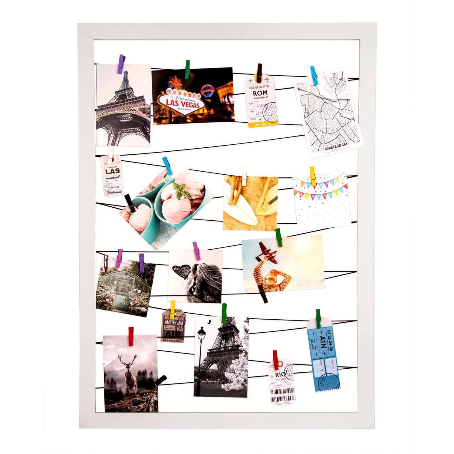 BigDean Fotohalter Weiß 75x55 Cm Mit 20 Holz Klammern Und Leine Pinnwand Für Fotos Bilderrahmen Groß Galerie Für An Die Wand