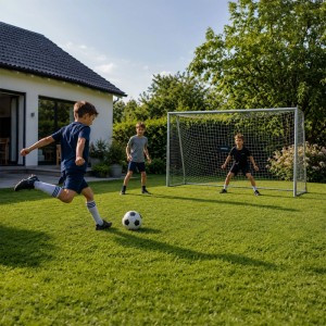 Jungen spielen Fußball mit einem grauen Stahl-Fußballtor im sonnigen Garten. Robustes Sportgerät für Kinder & Erwachsene.