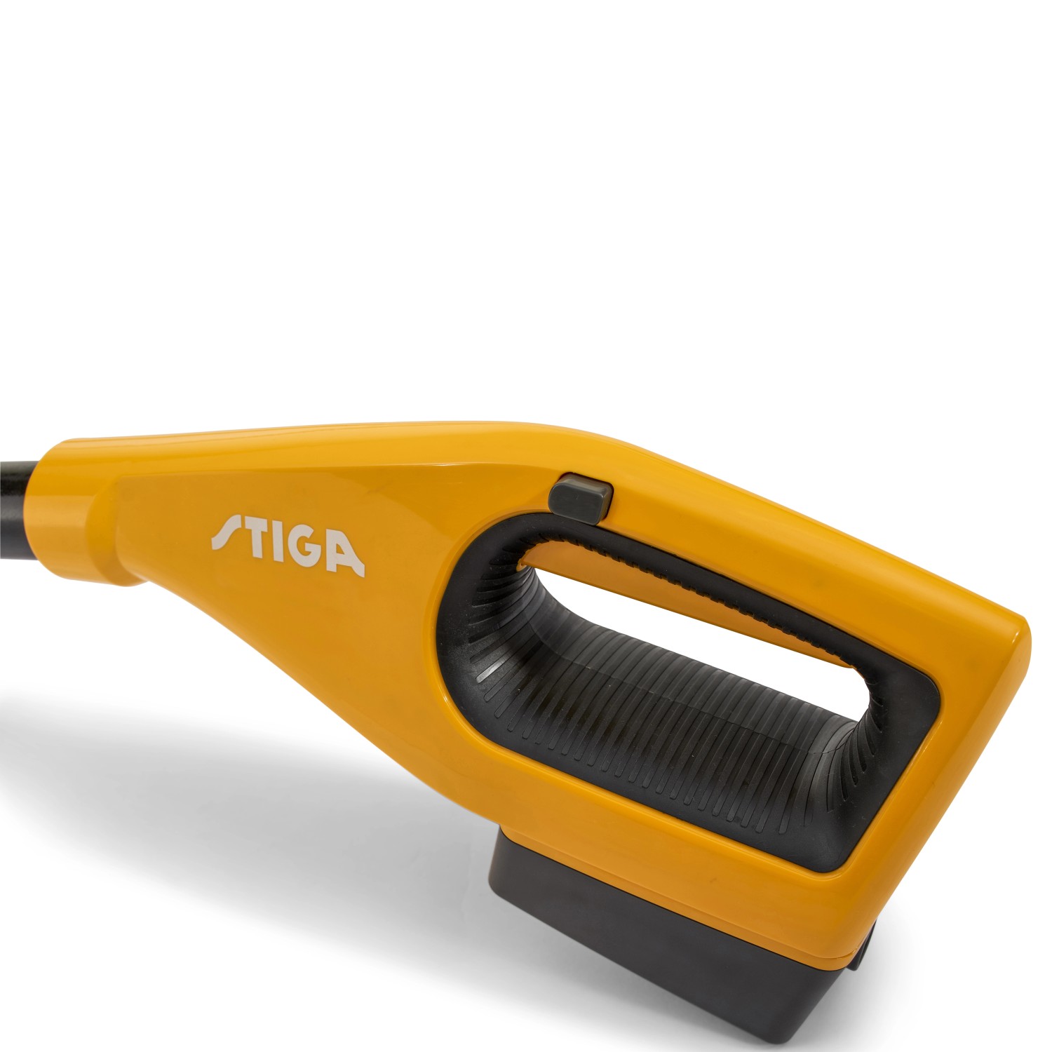 Gelbes Stiga Akku-Multitool MT 100e mit Griff und Akku für Heckenschnitt und Baumpflege.
