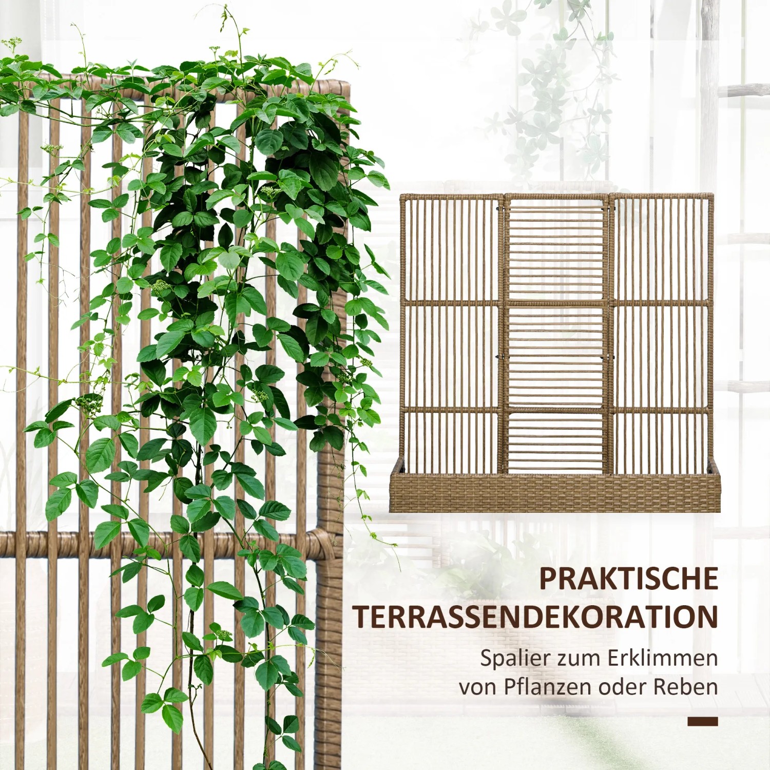 Outsunny Blumenkasten mit Spalier PE-Rattan Stahl 103L x 103B x 29H cm Sand_4
