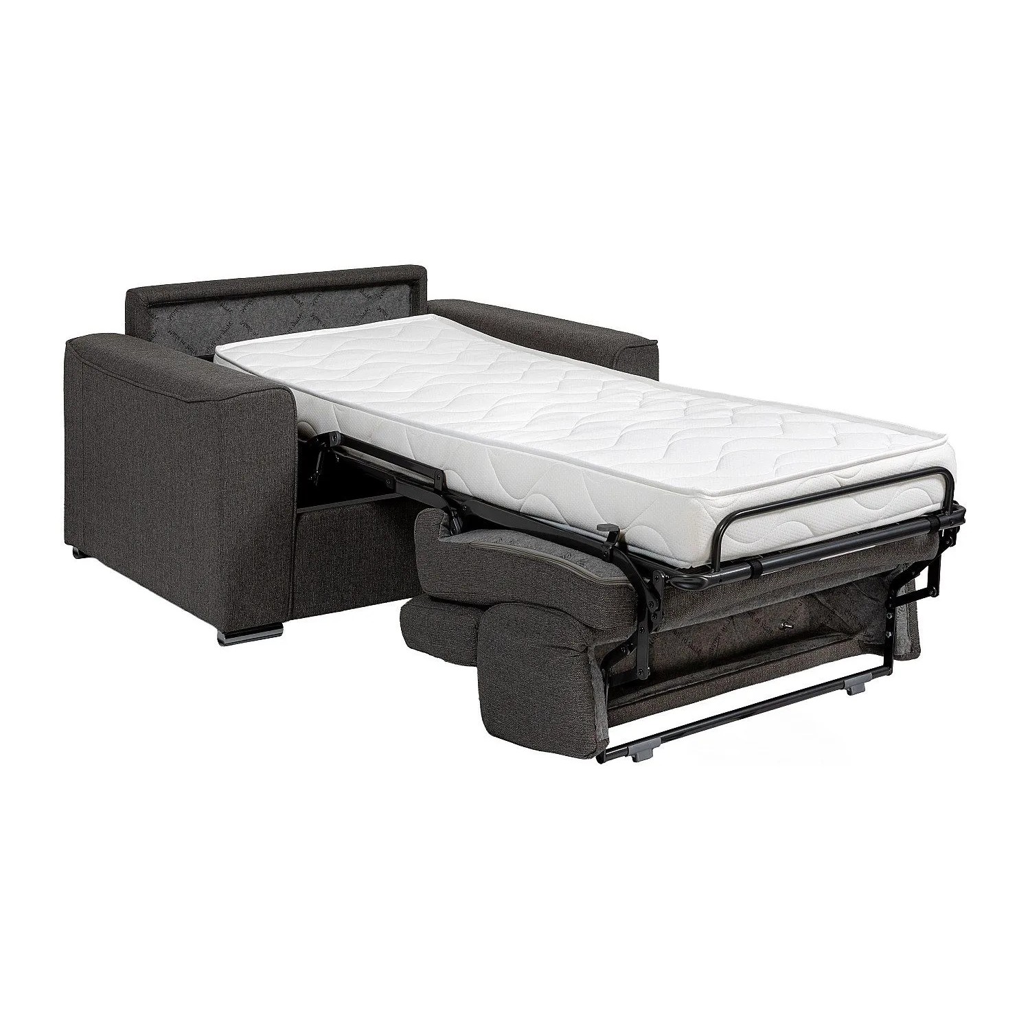 Blauer Vente-unique Vizir Schlafsessel, ausgeklappt als Einzelbett mit weißer Matratze. Stoffbezug, 127 cm breit.