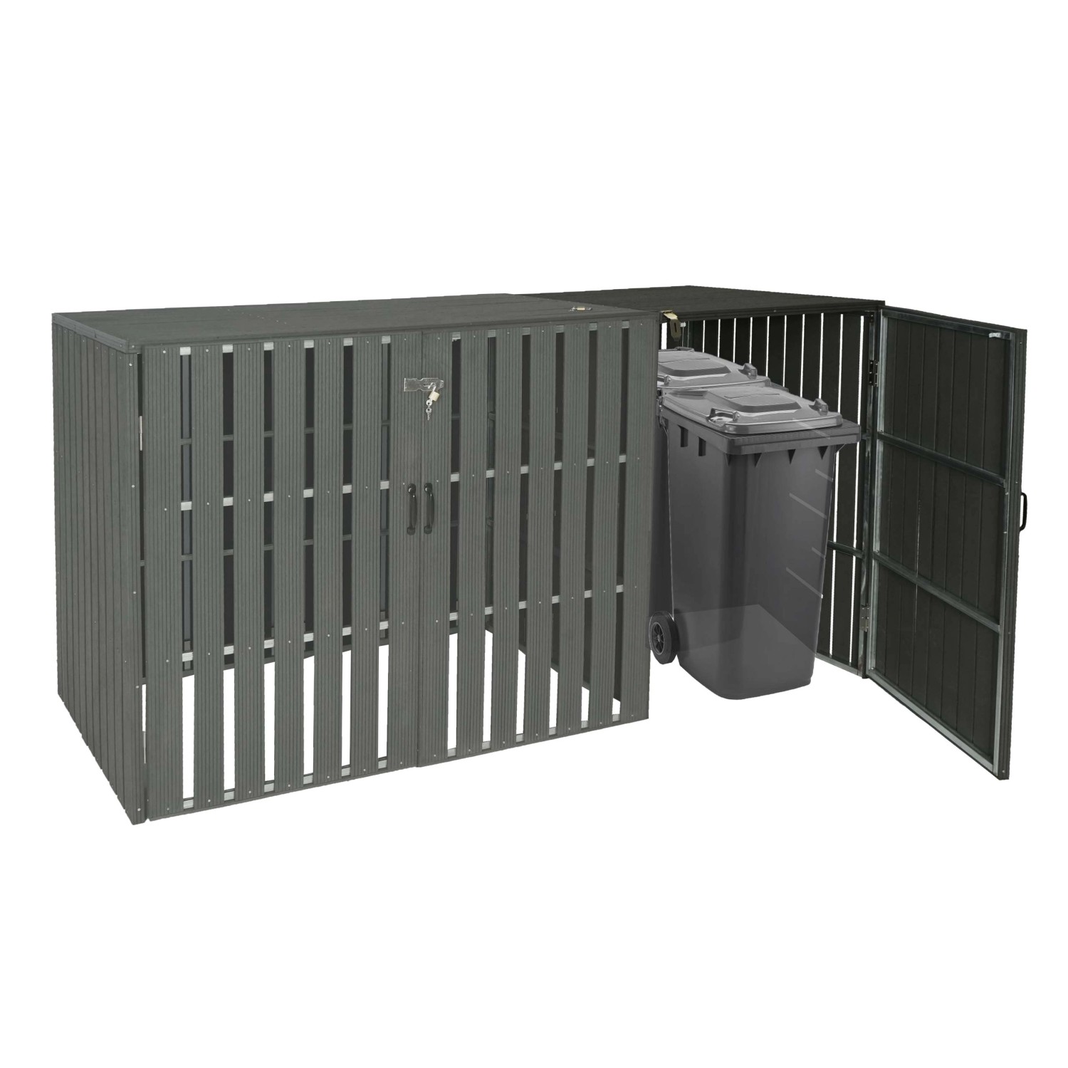 Anthrazitfarbene MCW Mülltonnenbox Erweiterung J28 mit Mülltonne, abschließbar, für zwei Tonnen.