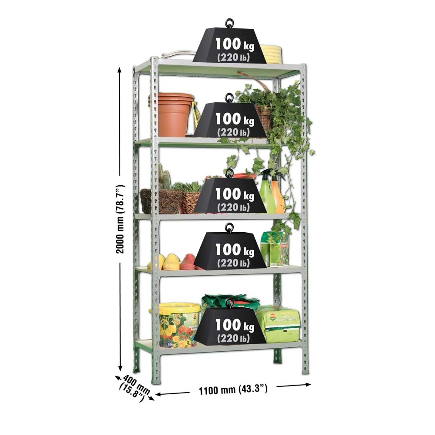 Graues PROREGAL Schwerlastregal Big Muli mit 5 Böden, belastet mit Gewichten, HxBxT 200x110x40cm.