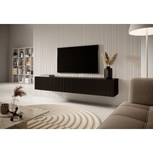 Schwarzes Selsey TV-Hängeboard Veldio mit Lamellenfront, 175 cm, schwebend unter TV in modernem Wohnzimmer.