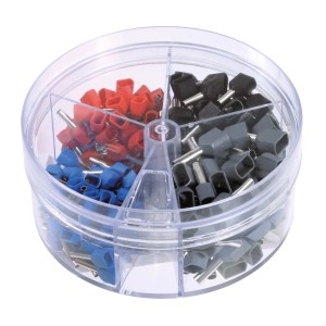 Blanko Aderendhülsen-Set, 200 isolierte Twin-Hülsen in Grau, Rot, Schwarz und Blau in Spenderdose.