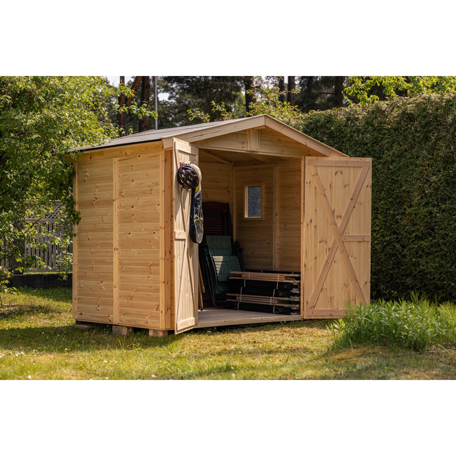 Upyard Holz-Gartenhaus mit Boden, 240x170 cm, Naturholz, offene Doppeltür. Ideal zur Geräteaufbewahrung.