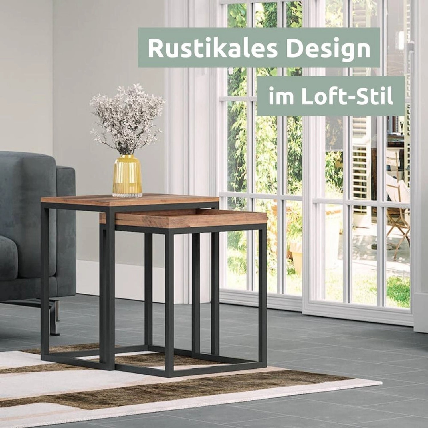 2er Set Couchtische Lannies im Industrie-Stil mit Holzplatte und Metallgestell.