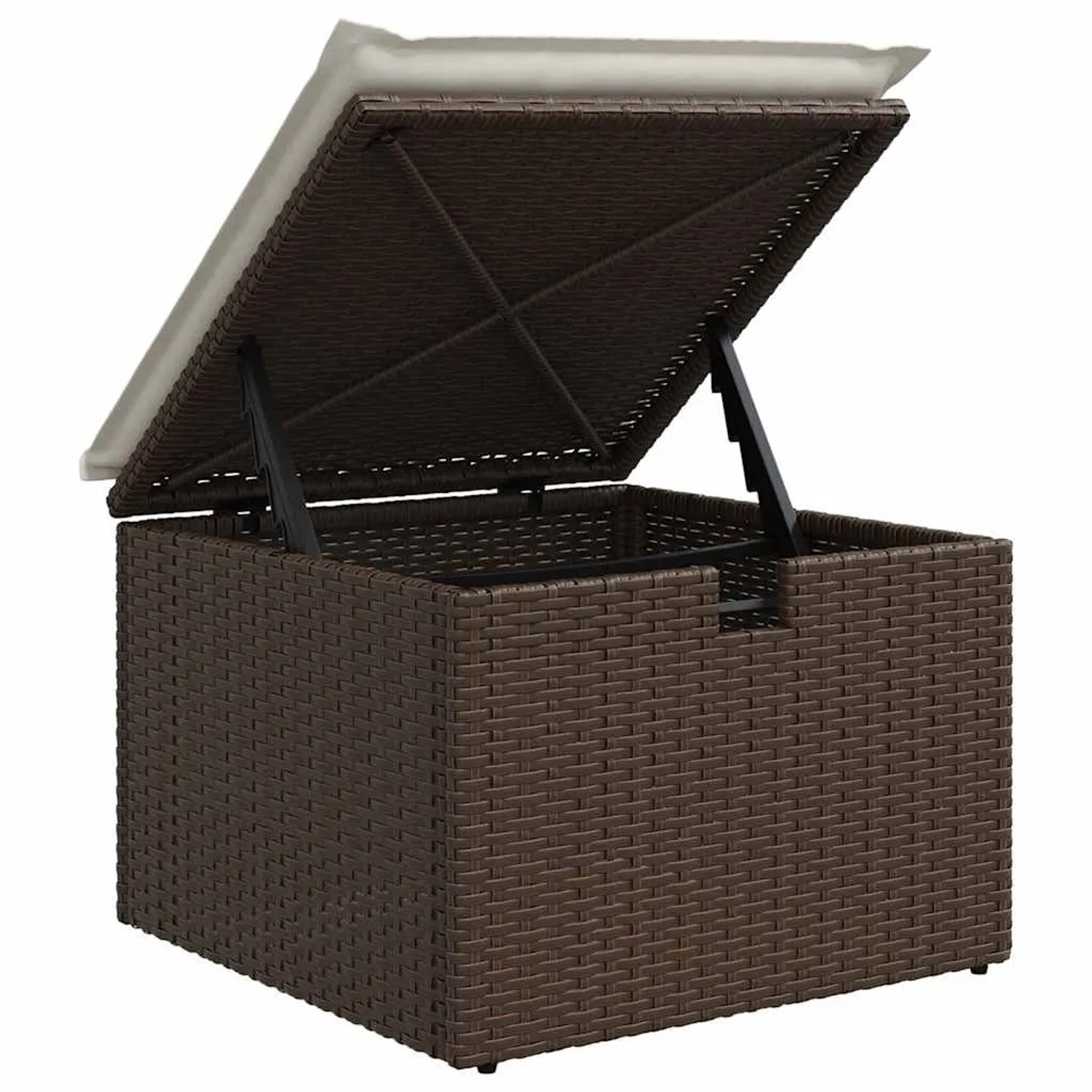 Brauner vidaXL Gartenhocker aus Rattan mit Stauraum und geöffnetem Deckel mit Kissen.