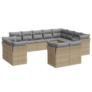 Beige vidaXL Garten-Sofagarnitur aus Rattan mit grauen Kissen, U-Form. Gartenmöbel für Terrasse und Garten.