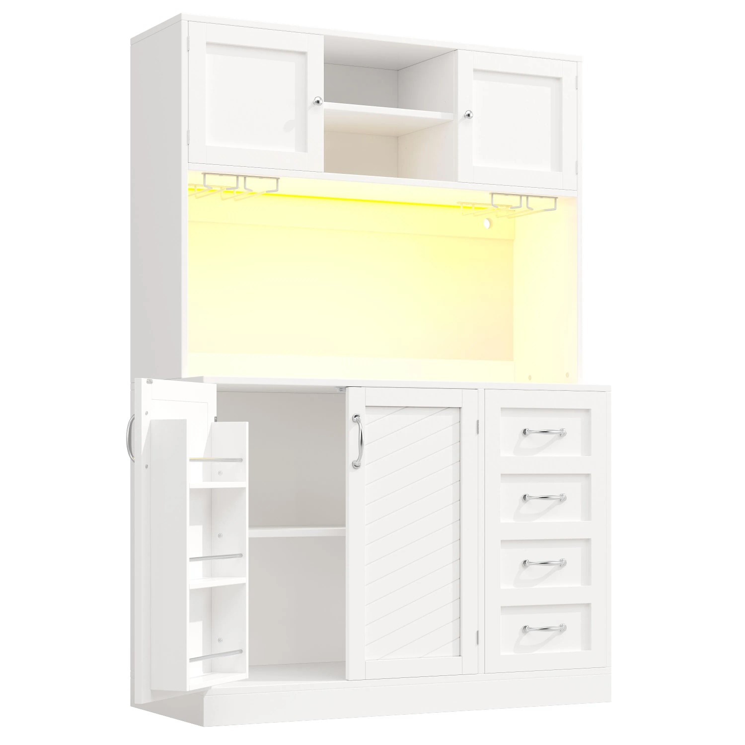 okwish Buffetschrank mit LED Beleuchtung Snackregal Getränkehalter Küche 120x40x188cm Weiß