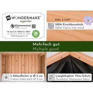 WONDERMAKE Hochbeet aus Kirschbaumholz, Details zu Material, Ablauflöchern und Vlies-Schutz.