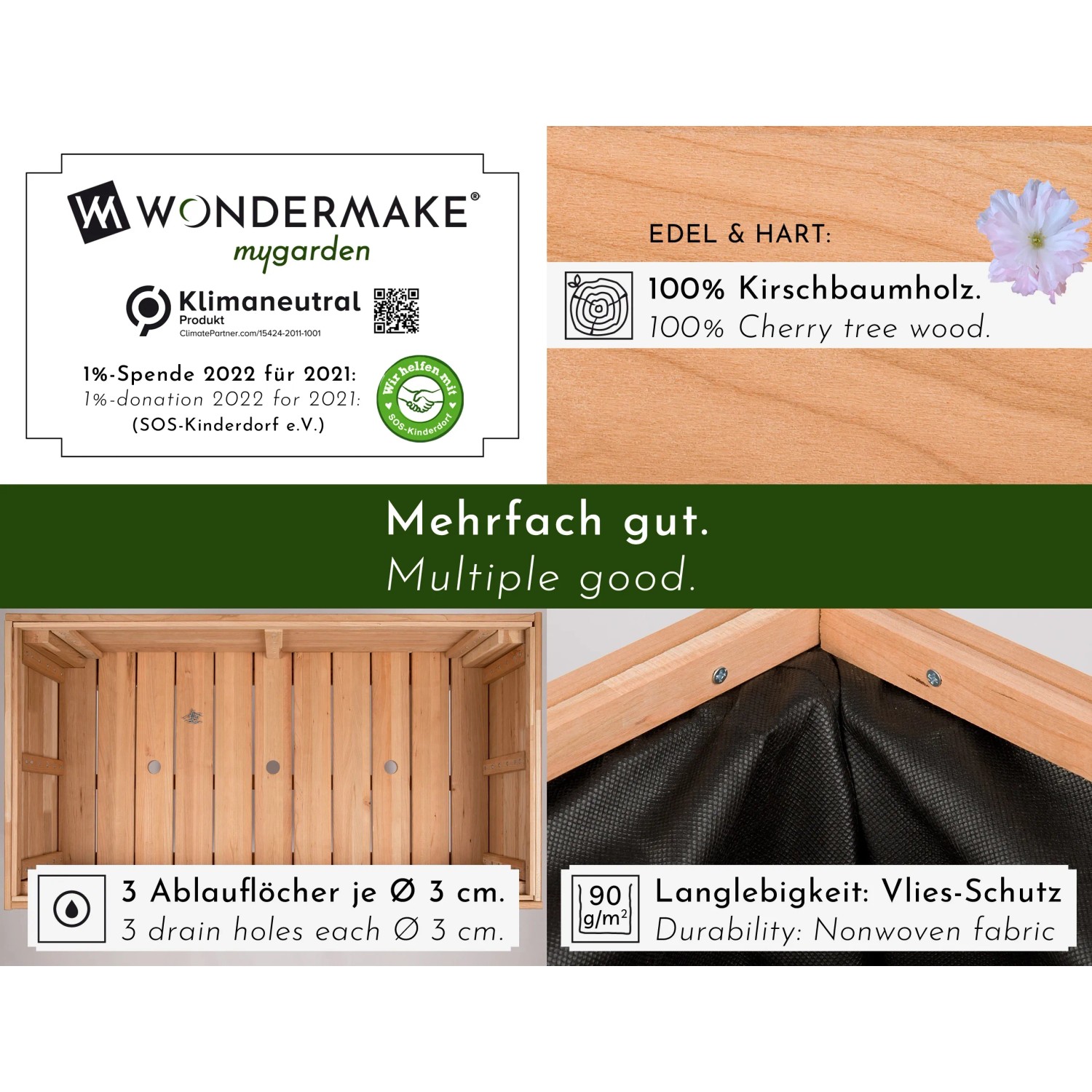 WONDERMAKE Hochbeet aus Kirschbaumholz, Details zu Material, Ablauflöchern und Vlies-Schutz.