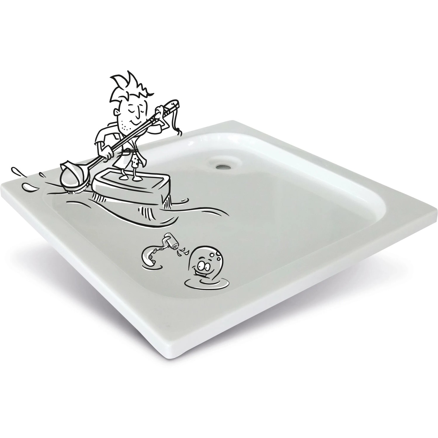 Quadratische, weiße baliv Duschwanne DW-90.20 E, 90x90 cm mit Comic-Illustration.