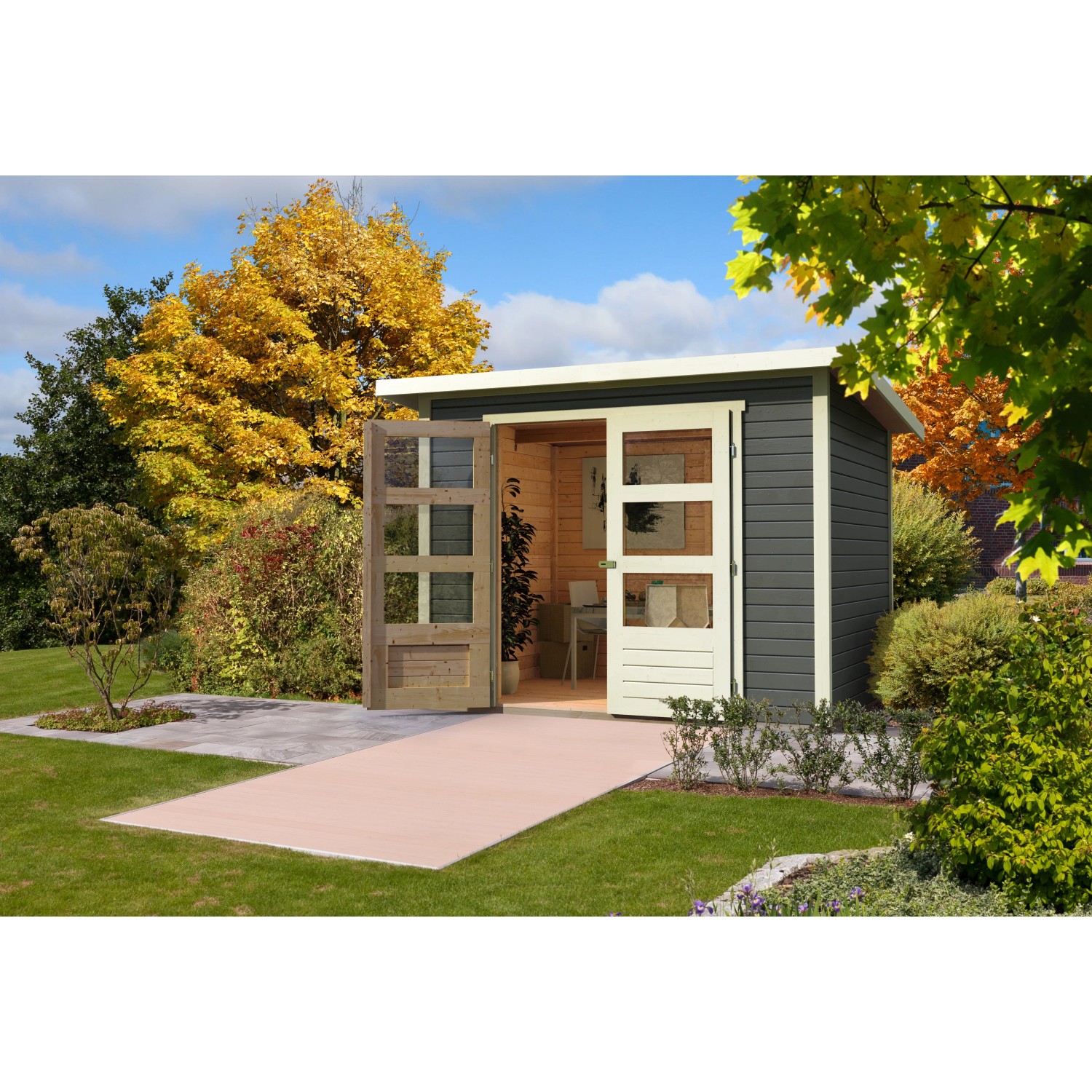 Terragraues Karibu Holz-Gartenhaus Sitten mit Pultdach und geöffneten Doppeltüren.
