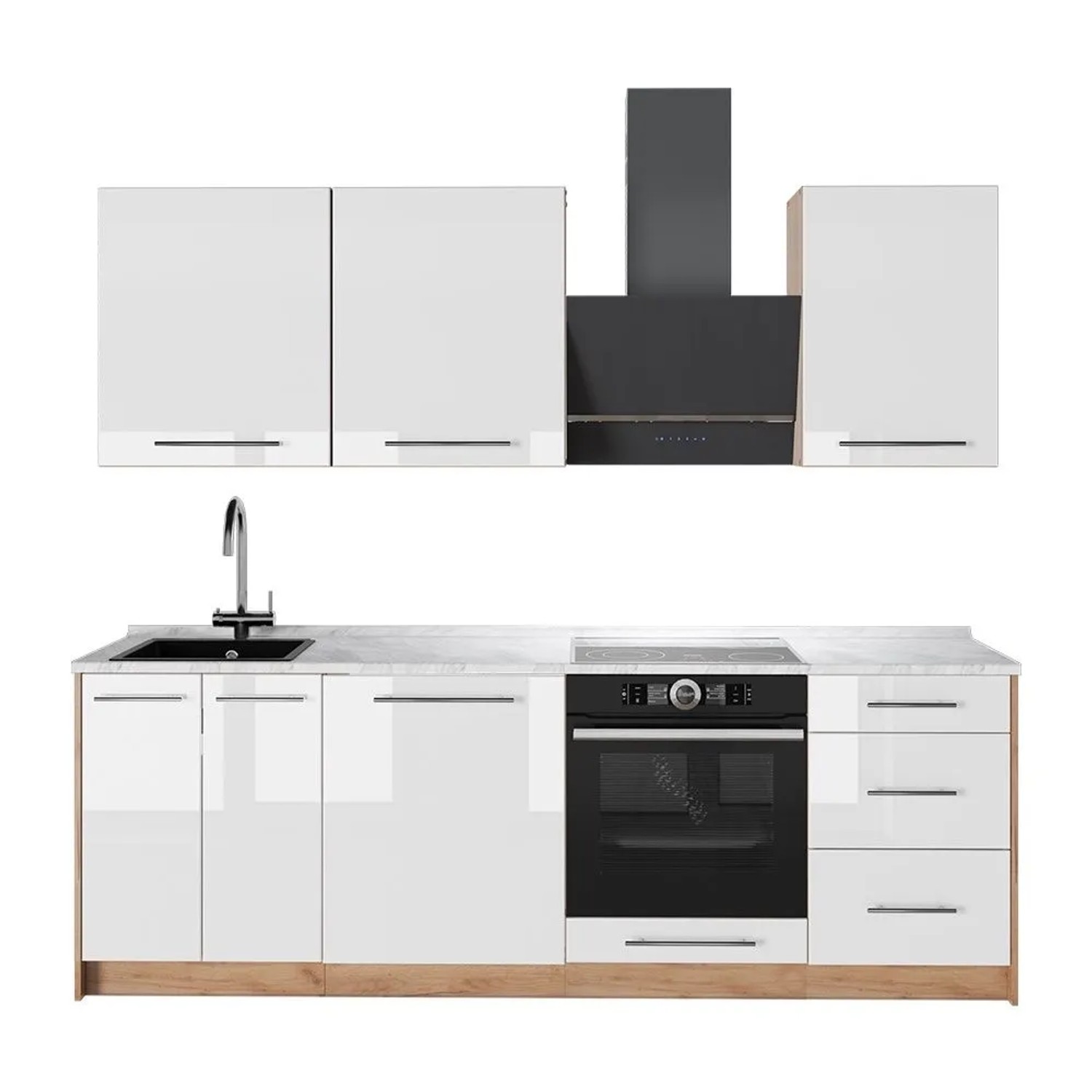 Vicco Küchenzeile Fame-Line Weiß Hochglanz/Goldkraft Eiche 230 x 82 AP Marmor Art Nr 63999