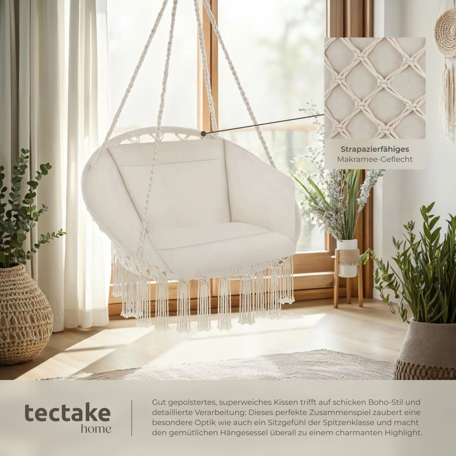 Beiger Tectake Hängesessel Grazia mit weichen Polstern und Makramee-Details.