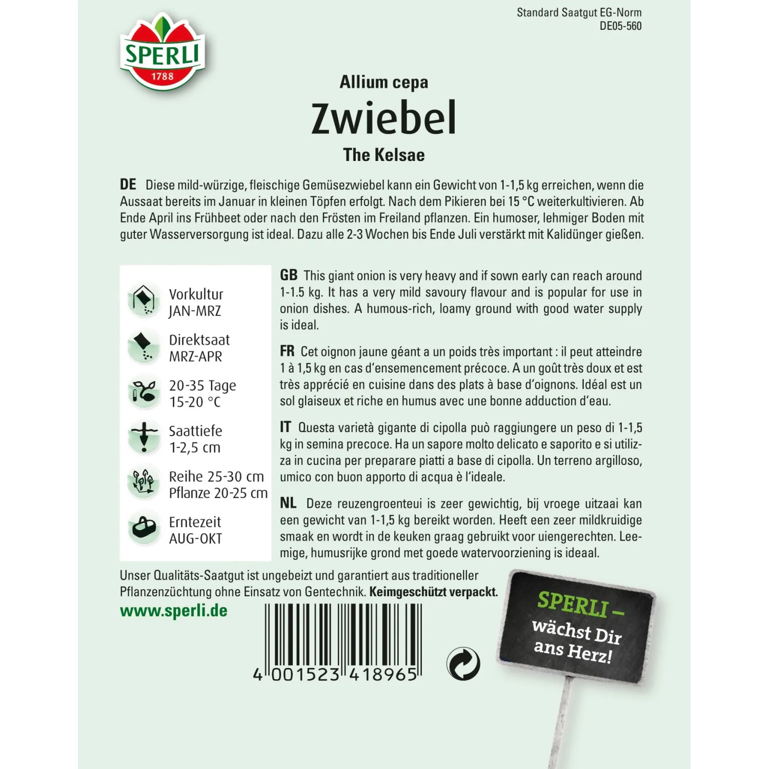 Samenpackung Sperli Zwiebel The Kelsae, Gemüsesamen für mild-würzige Gemüsezwiebeln.
