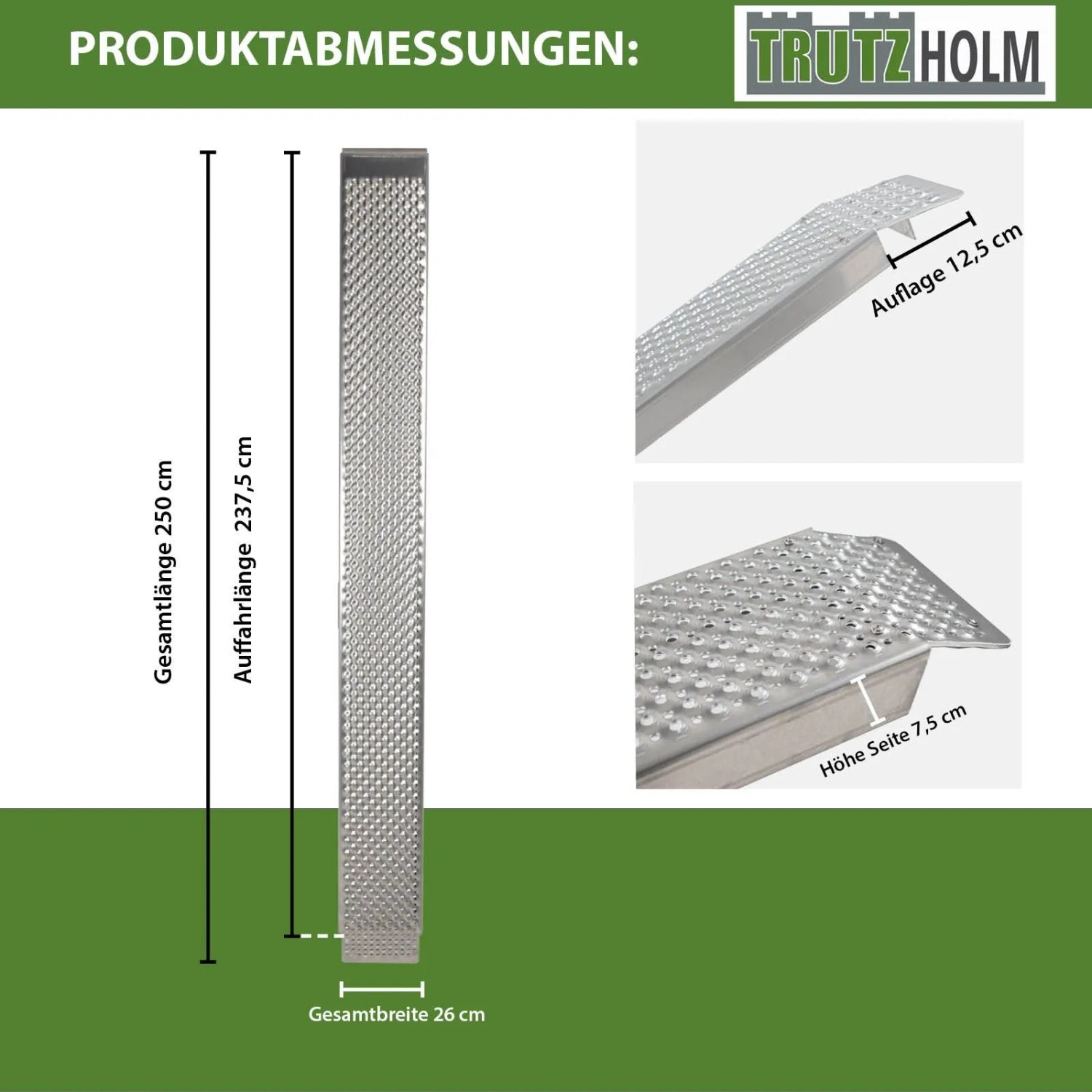 TRUTZHOLM Aluminium Auffahrrampe 250 cm für Autoanhänger, rutschfest, mit Maßen: Länge 250 cm, Breite 26 cm.