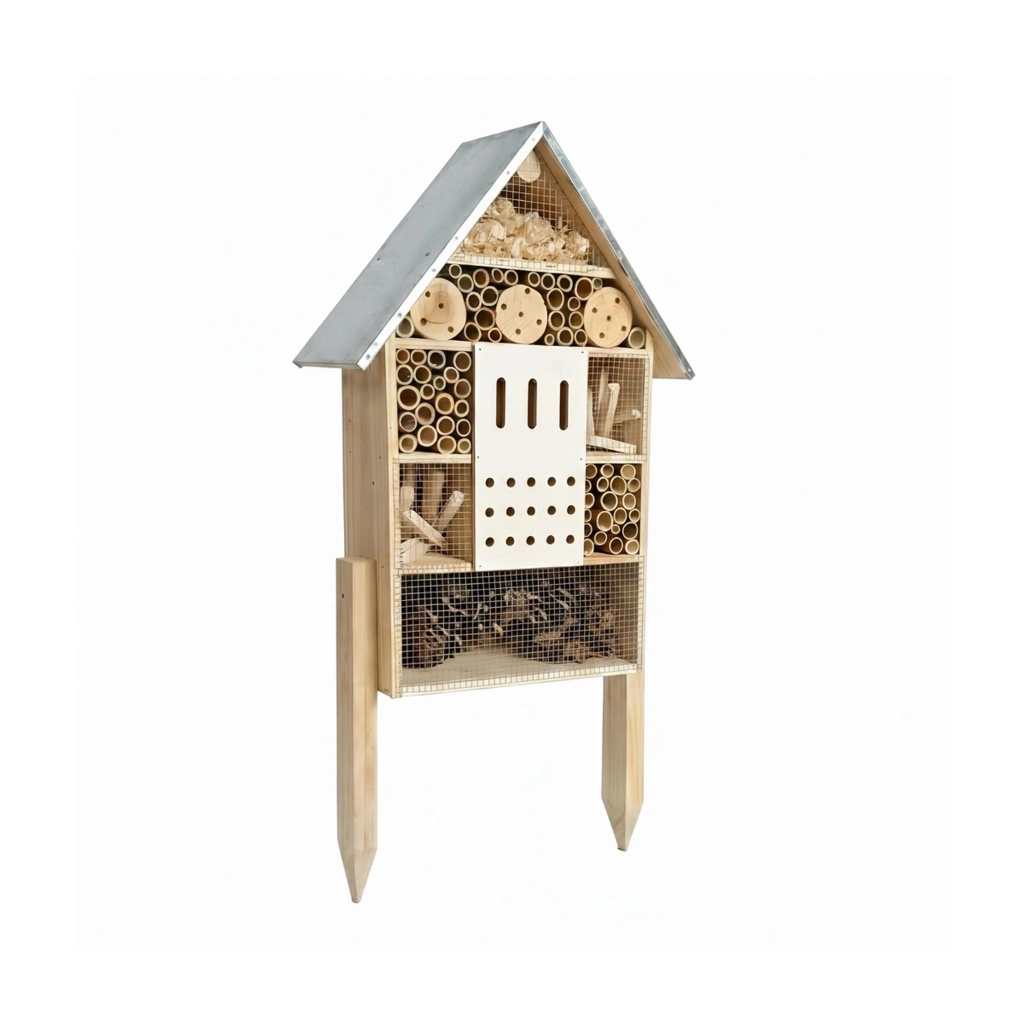 Relaxdays Insektenhotel Kiefernholz Bambus Eisen Natur Silber mit Ständer Verzinkt 77 cm x 38 cm x 10 cm 2,3 kg