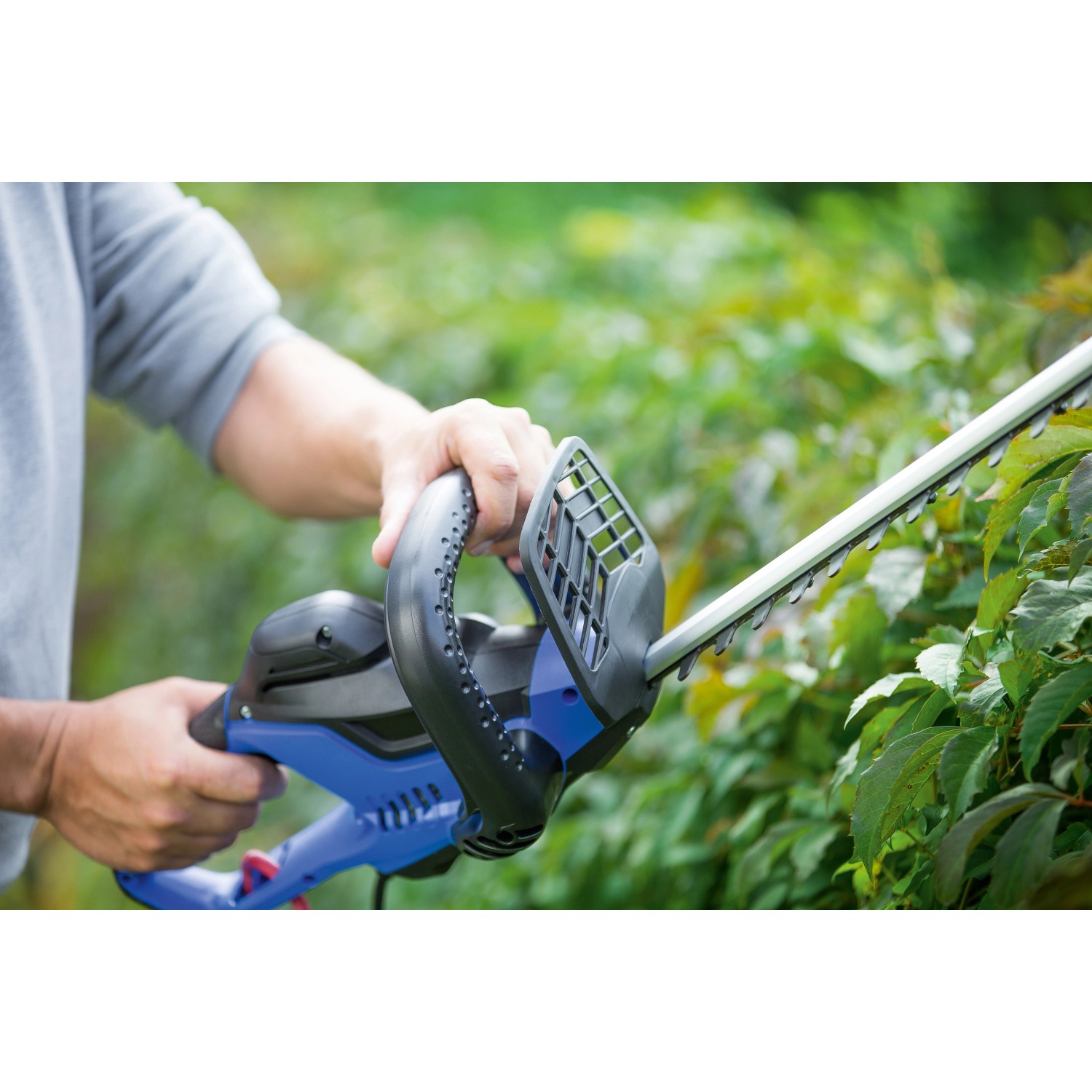 LUX Elektro-Heckenschere E-HS-600/55 A im Einsatz beim Heckenschnitt.