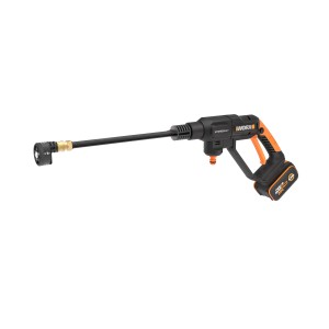 Worx Hydroshot WG621E Mitteldruckreiniger mit Akku, ideal für flexible Reinigung im Garten.