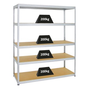 Verzinktes PROREGAL Schwerlastregal Giant Elephant mit 5 MDF-Fachböden, je 200 kg belastbar.