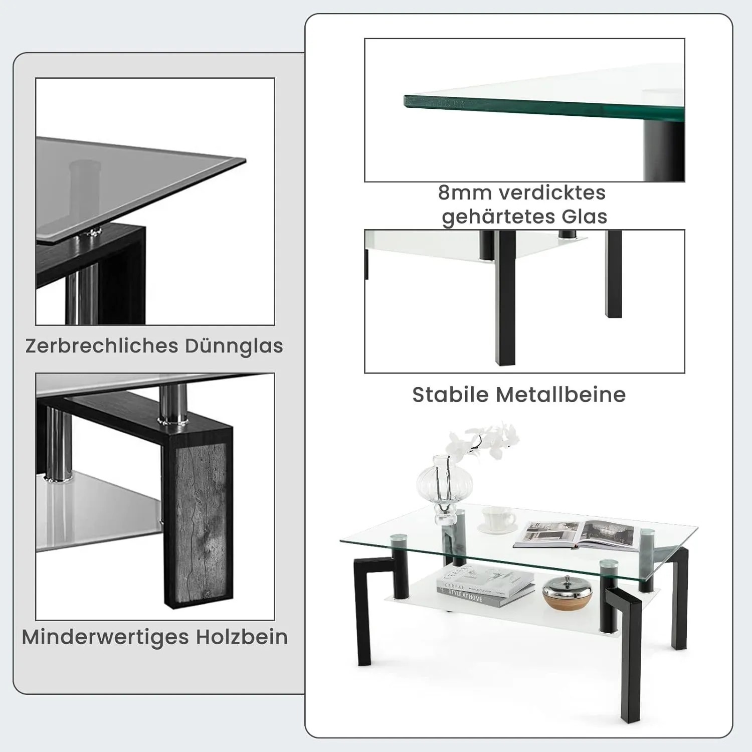 Costway Couchtisch Glas mit 2 Ebenen, Wohnzimmertisch mit Ablage und Metallbeinen.