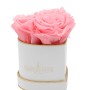 Rosenbox Herz Weiß-Gold mit 3 rosa Rosen. Romantischer Blumenstrauß für besondere Anlässe.