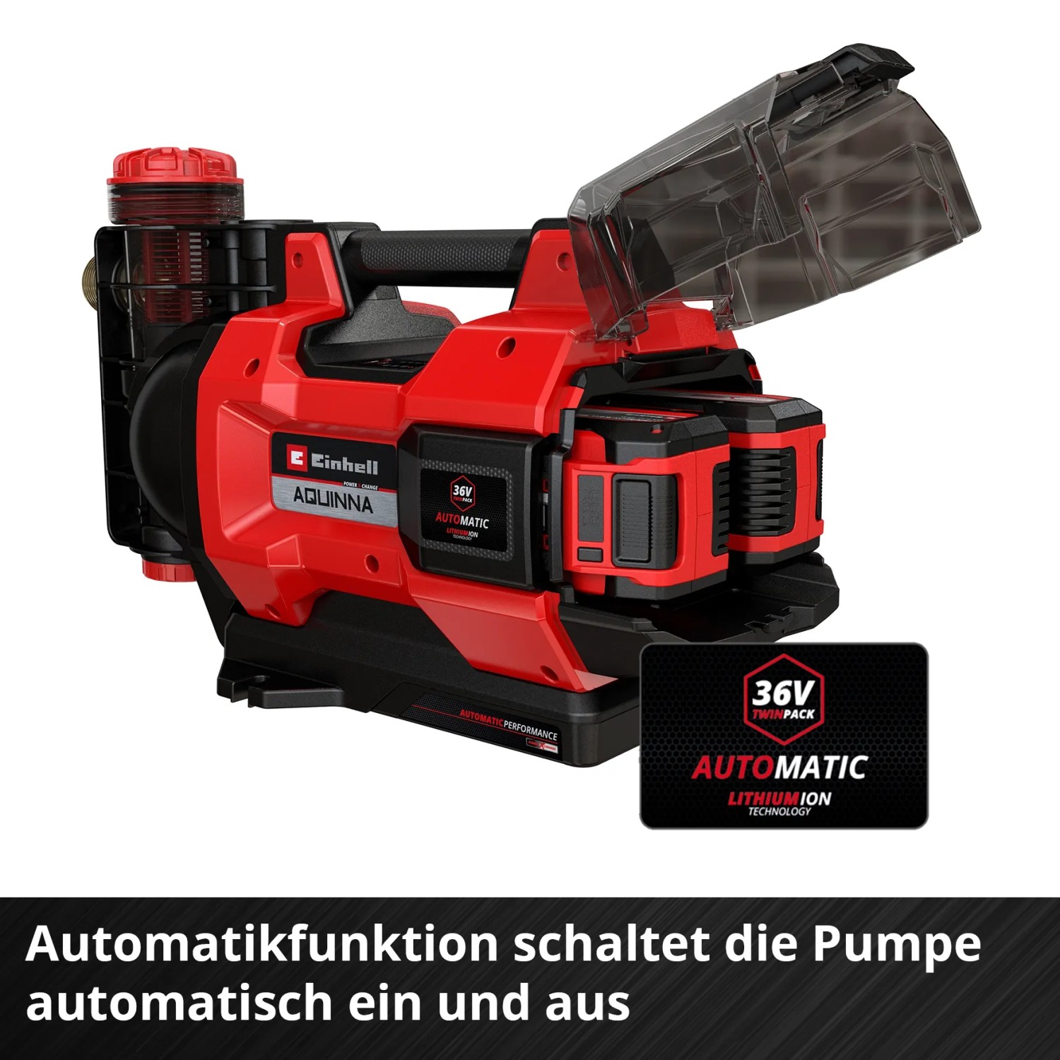 Einhell Akku-Gartenpumpe Aquinna 36/38 F LED Automatic, rot/schwarz. Elektro-Pumpe mit Akku.
