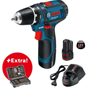 Bosch Professional Akku-Bohrschrauber GSR 12V-15 mit Akkus, Ladegerät und 43-teiligem Bit-Set in Tasche.