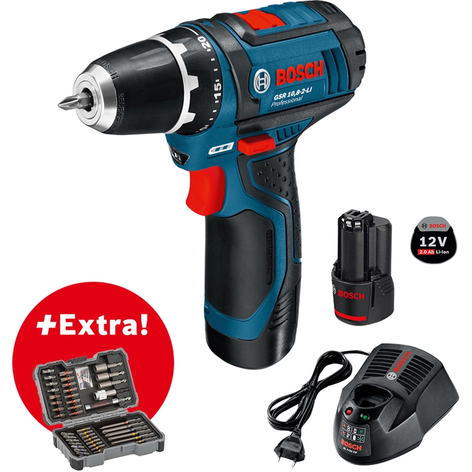 Bosch Professional Akku-Bohrschrauber GSR 12V-15 mit Akkus, Ladegerät und 43-teiligem Bit-Set in Tasche.