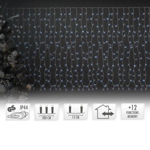 LED Lichtervorhang, 2x1,5m, mit 240 kaltweißen LEDs und 12 Funktionen, für Weihnachtsdekoration.