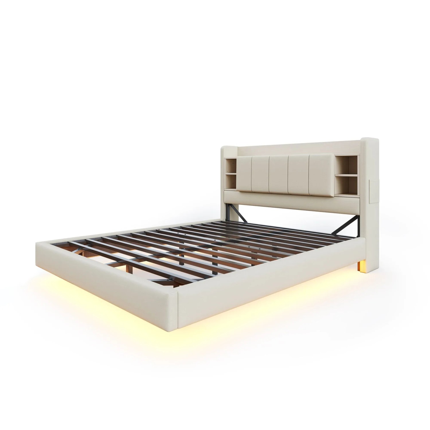 Merax Polsterbett 140x200cm USB LED Ablage Leinen Beige
