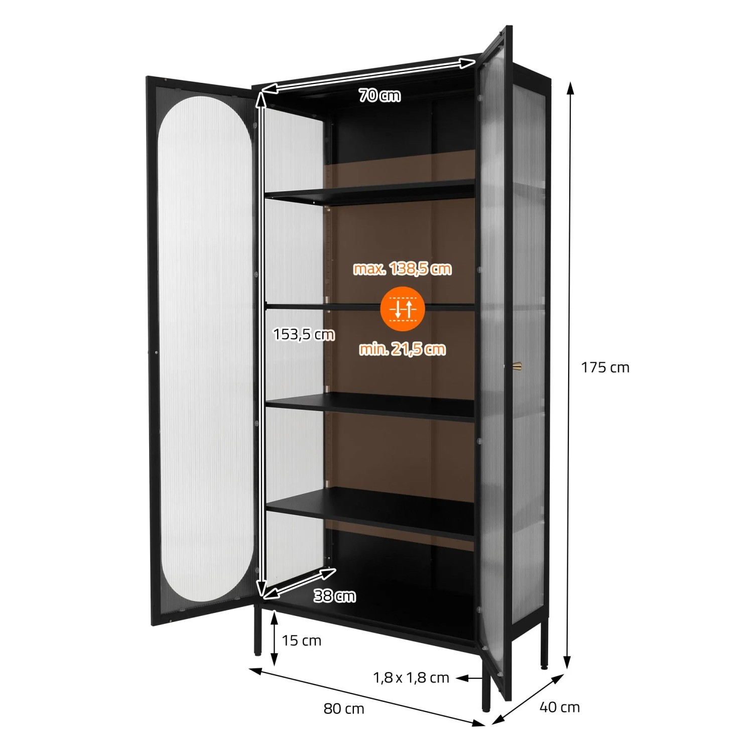 ML-Design Vitrinenschrank, 80x175x40 cm, schwarz, Metall, mit 5 Ebenen und offenen Türen.