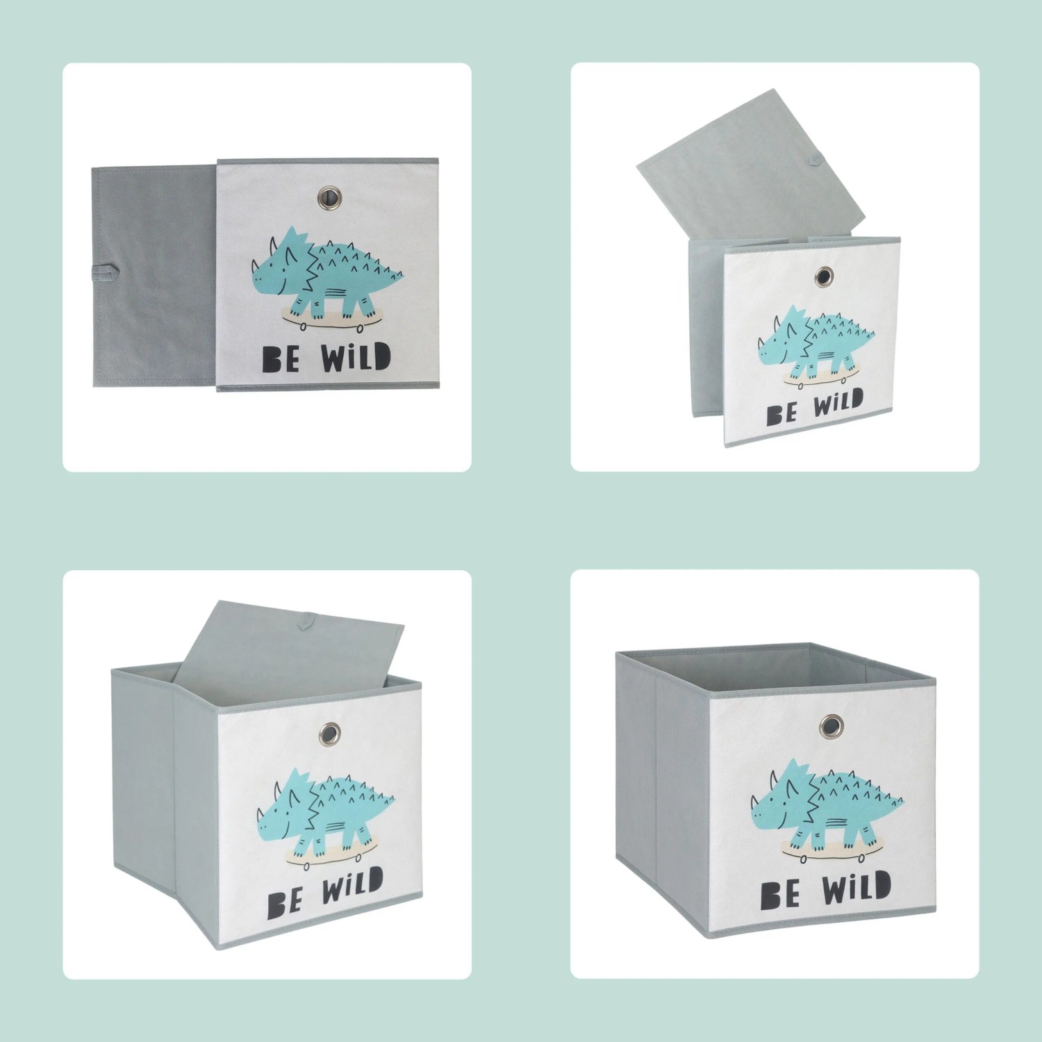 Faltbare Kinder Aufbewahrungsbox aus Vlies mit hellblauem Dinosaurier-Motiv, in verschiedenen Faltstadien gezeigt. Teil eines 3er Sets.