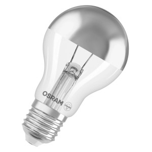 Osram E27 LED-Leuchtmittel in Glühlampenform mit silberner Spiegelkuppe. Dimmbar, warmweißes Licht.